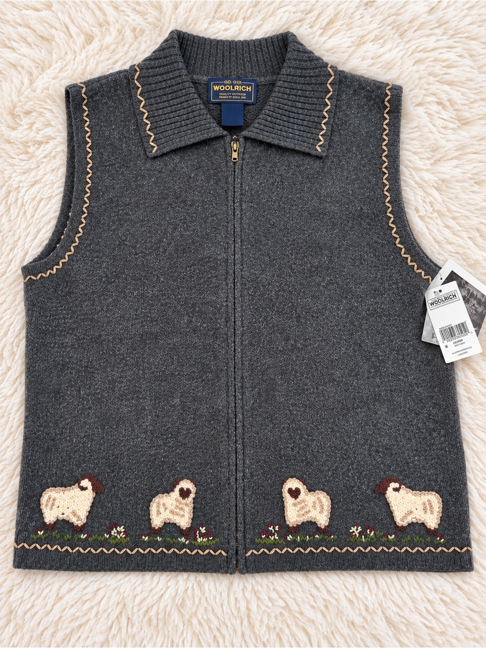 Vintage Woolrich Vest LARGE Sheep Embroidered Wool Zip Gray Cottagecore Farm NEW